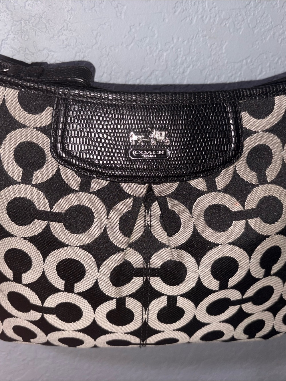 Coach Black and Cream Signature Hobo with Logo Plaque